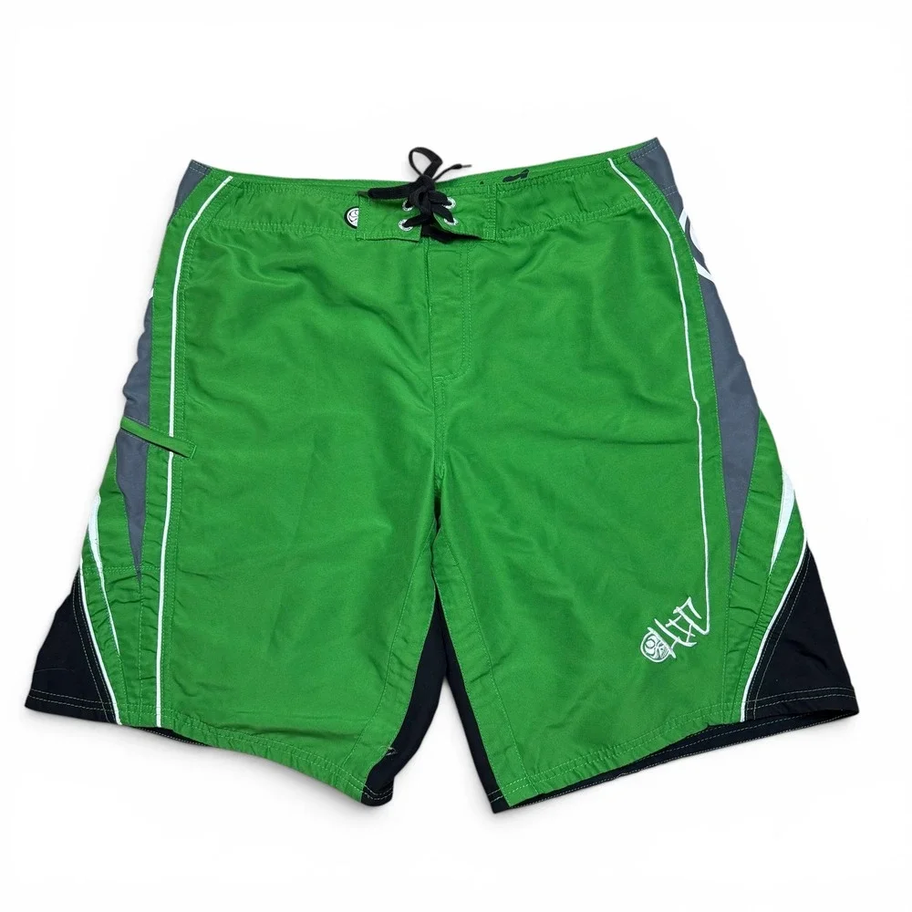 HIC Hawaiian Island Creations Mens Green Grey Board Shorts Swim Trunks Size 38